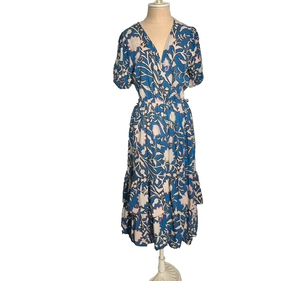 Knox Rose Maxi Dress Womens Medium Blue Short Sleeve Wrap Floral Tiered Tassel - Picture 3 of 14